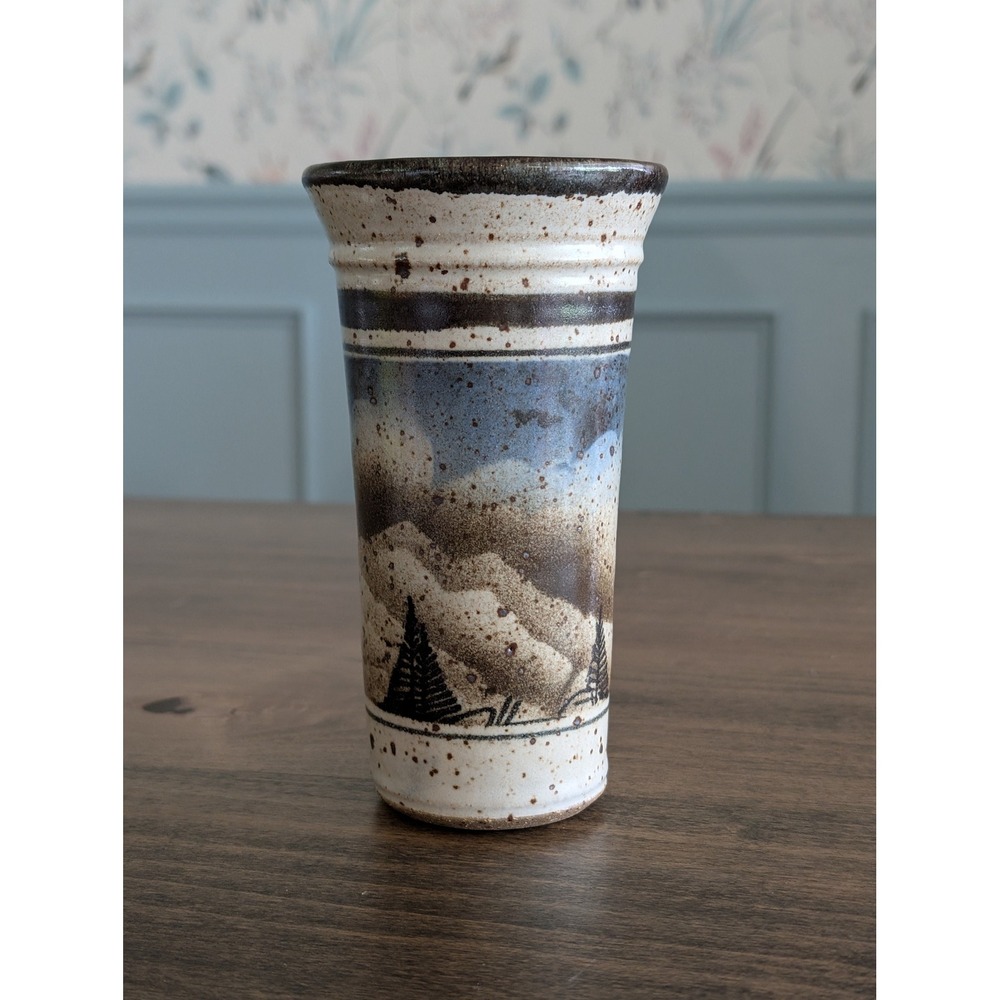 Studio Pottery Bud Vase 6" Blue Cream Mountain Landscape Stoneware Art Decor MCM
